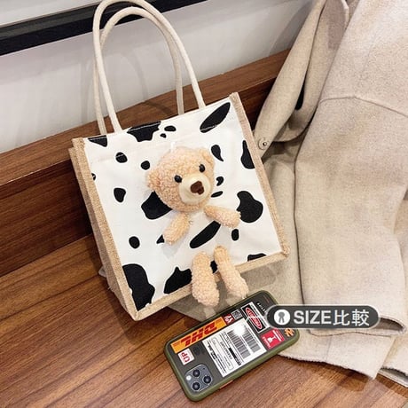 クマのぬいぐるみ付き 麻バッグ リネン ハンドバッグ キャンバスバッグ ミニバッグ ジッパー シンプル レトロ DTC-632445318533