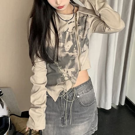 不規則デザイン 襟付き Tシャツ レースアップ ファスナー ジップアップ ショート丈 トップス スリムフィット 韓国ファッション レディース 大人可愛い ガーリー DTC-695994211842