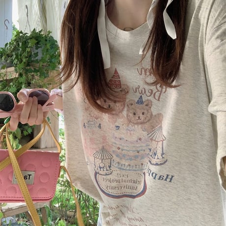 Tシャツ 半袖 クマちゃんプリント かわいい トップス クルーネック オーバーサイズ 半袖Tシャツ ルーズ ゆったり カジュアル 韓国ファッション レディース DTC-706291049823