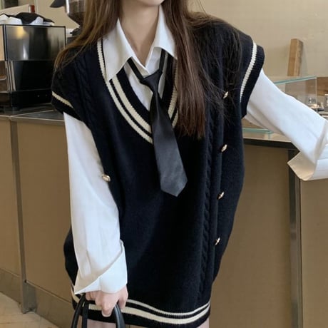 セットアップ ニットベスト ブラウス シャツ Vネック ボタン 長袖 ゆったり レトロ 2点セット 韓国ファッション レディース 大人可愛い ガーリー カジュアル DTC-666539256507