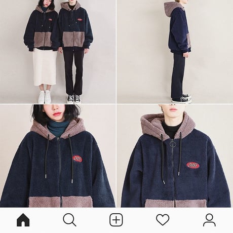 ユニセックス フード ボアブルゾン バイカラー 韓国 ファッション メンズ レディース ストリート ボアジャケット ボア もこもこ 秋 冬 オーバーサイズ (DTC-607102746491)