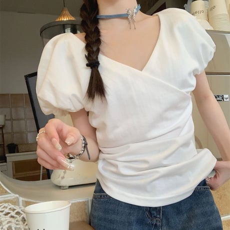 Tシャツ クロスデザイン Vネック パフスリーブ 薄手 半袖 レトロ 韓国ファッション レディース 大人可愛い ガーリー DTC-715100887328