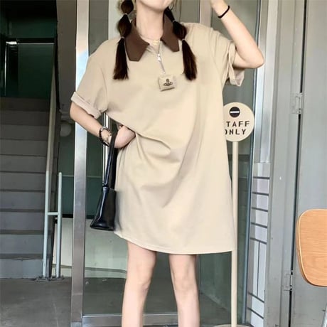 ポロワンピース ハーフジップ バックプリント 半袖 配色 POLOカラー ミニワンピース ハイウエスト レトロ 韓国ファッション レディース ガーリー カジュアル DTC-679716051631