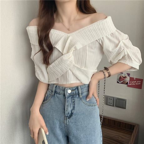 2way ブラウス Vネック オフショルダー 半袖 薄手 無地 韓国ファッション レディース トップス 大人可愛い ガーリー DTC-650101350711
