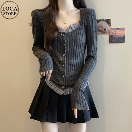 ニット カーディガン レース フリル トップス リブニット スクエアネック スリムフィット 長袖 レトロ 大人可愛い ガーリー DTCA-966412508396