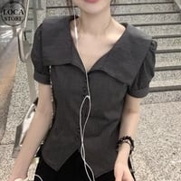 ブラウス ストライプ柄 シャツ ビッグカラー セーラーカラー Vネック トップス パフスリーブ フロントボタン 半袖 レトロ 大人可愛い ガーリー  DTCA-966584687115
