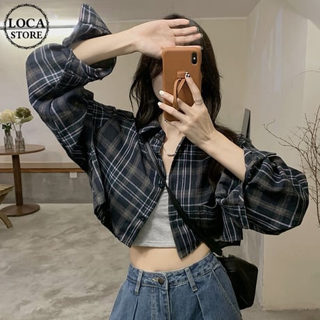 クロップド丈 チェック柄 シャツ ポロカラー ショート丈 長袖 レトロ 韓国ファッション レディース 大人可愛い ガーリー カジュアル 大人カジュアル DTC-652951694621