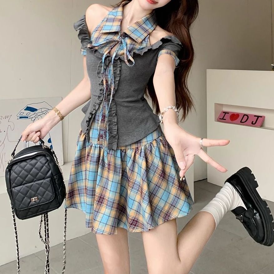 2点セット セットアップ ノースリーブチェックワンピース フリル