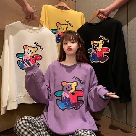 トレーナー 落書き風 クマちゃん プリント ルーズ スウェット 韓国ファッション レディース ラウンドネック 長袖 ガーリー (DTC-624906211705)
