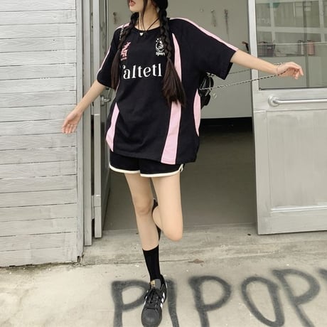 Tシャツ ユニフォーム風 オーバーサイズ サイドライン バイカラー トップス 半袖 レトロ 韓国ファッション レディース 大人可愛い ガーリー スポーツミックス DTC-802941498047