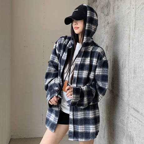フード付き チェックシャツ パーカー チェック柄 シャツ ウールジャケット オーバーサイズ トップス 長袖 レトロ 韓国ファッション レディース 大人可愛い ガーリー DTC-841559294886