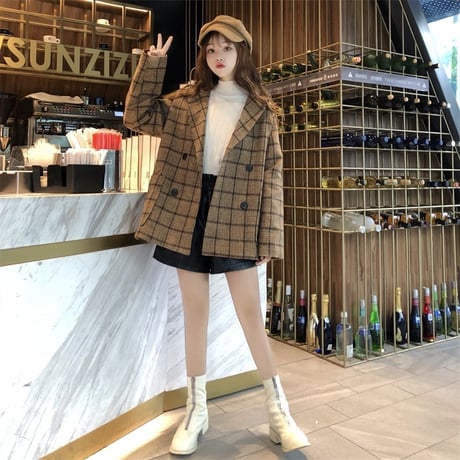 チェック柄 ラシャ テーラードジャケット 韓国ファッション レディース ウールジャケット アウター 暖かい ダブルブレスト レトロ 秋 冬 (DTC-603067482652)