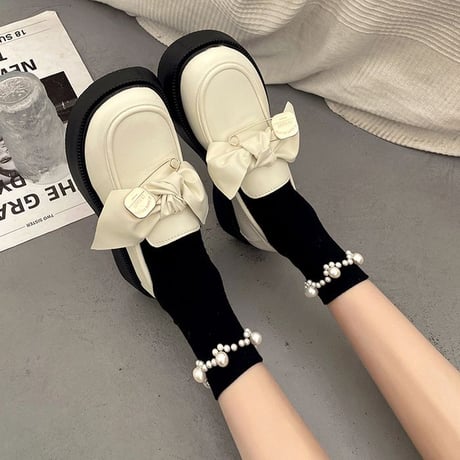 ローファー リボン 安全ピン 厚底 22.5～25.0cm ラバーソール 厚底シューズ かわいい ガーリー カジュアル 韓国ファッション レディース DTC-666542024099