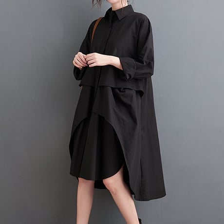 シャツワンピース ロングシャツ シャツ ワンピース アシンメトリー 不規則デザイン ルーズ 長袖 レトロ 韓国ファッション レディース 大人可愛い ガーリー DTC-634484580166