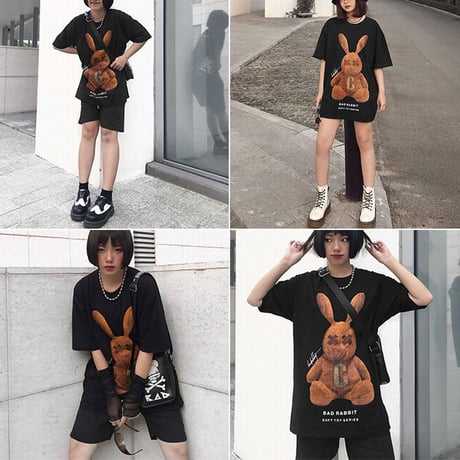 ユニセックス Tシャツ 半袖 BADRABBIT ラビット うさぎ プリント メンズ レディース オーバーサイズ 大きいサイズ ルーズ 韓国ストリートファッション TBN-615660184988