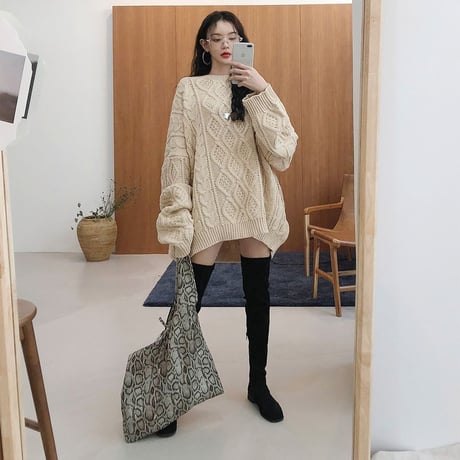 ニットセーター ケーブル編み ボリューム袖 ルーズ 韓国ファッション レディース ニット セーター 長袖 ラウンドネック ゆったり 大人可愛い ガーリー 624865812342