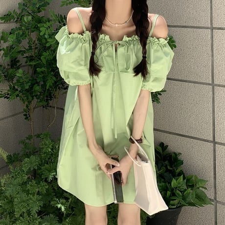 フリル ワンピース オフショルダー 半袖 パフスリーブ ミニワンピース ハイウエスト レトロ 韓国ファッション レディース 大人可愛い ガーリー DTC-671507172451