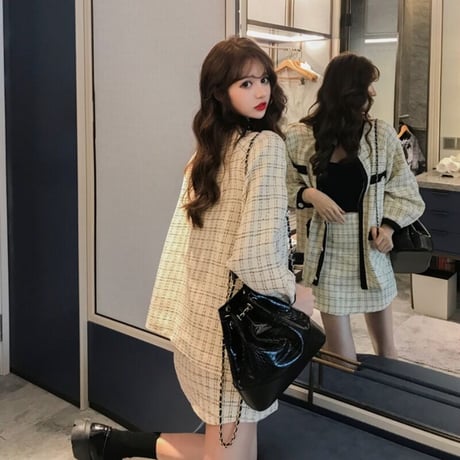 セットアップ チェック柄 カーディガン ジャケット ＋ スカート 上下セット 韓国ファッション レディース 大人可愛い かわいい ガーリー DTC-632531662841