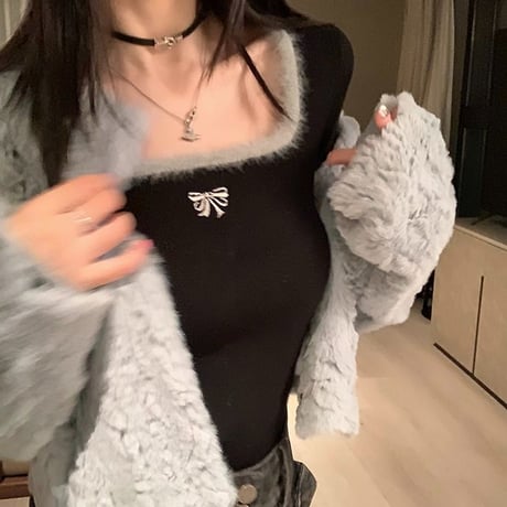 ニット セーター トップス 配色リボン スクエアネック ショート丈 プルオーバー スリムフィット 長袖 レトロ 大人可愛い ガーリー DTCA-832740922380