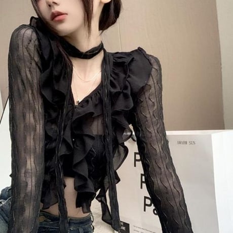 シアーブラウス レース フリル クロップド丈 ショート丈 スリムフィット シアー トップス スリムトップス uvカット 薄手 長袖 レトロ 大人可愛い ガーリー DTCA-705970322272