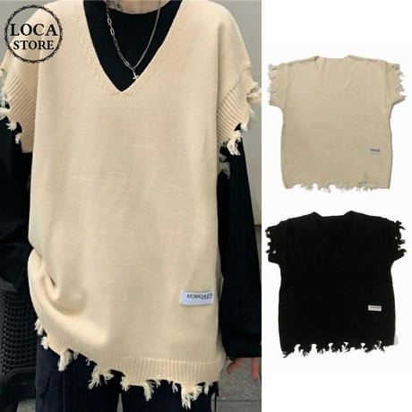 ユンセックス ニットベスト ダメージ加工 Vネック ゆったり ルーズ 韓国ファッション メンズ レディース カジュアル ストリートファッション DTC-653130035722