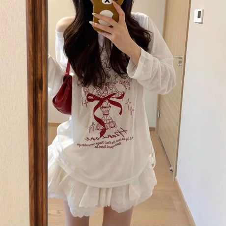 シアートップス 薄手 オフショルダー シアーtシャツ ロンt トップス UV対策 ゆったり ルーズ 長袖 レトロ 大人可愛い ガーリー カジュアル DTCA-930947193917