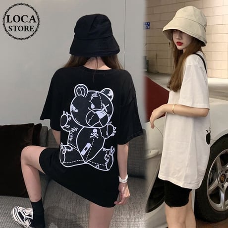 レディース 可愛いクマプリント Tシャツ ラウンドネック ゆったり 半袖 インスタ映え 韓国ファッション ホワイト ピンク (DCT-596629678942)