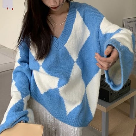 ダイヤ柄 ニット ニットセーター プルオーバー Vネック 長袖 ルーズ ゆったり レトロ 韓国ファッション レディース 大人可愛い ガーリー DTC-655919132061