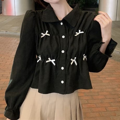 シャツ ブラウス ショート丈 リボン シャーリング 長袖 レトロ 韓国ファッション レディース 大人可愛い ガーリー フェミニン DTC-656433933514