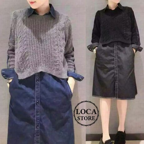 レディース ドッキングワンピース デニムシャツ ワンピース ニット マタニティ ガーリー フェミニン 韓国ファッション (DCT-557459370190)