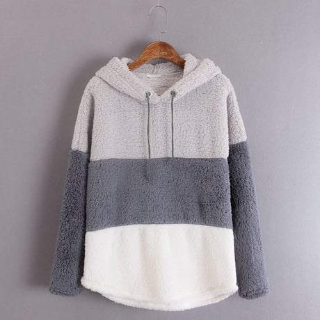 ボアパーカー バイカラー プルオーバー 韓国 ファッション レディース ストリート系 ボア トップス フード付き プラスベルベット 秋冬 秋 冬 (DTC-604422590714)