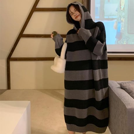 ボーダー柄 フード付き ニットワンピース ロング丈 ニット 長袖 ゆったり ルーズ レトロ 韓国ファッション レディース 大人可愛い ガーリー カジュアル DTC-663533210883