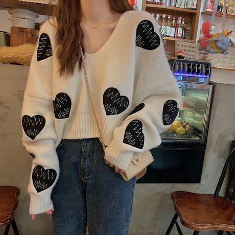 ハート刺繍 ニット セーター 韓国ファッション ゆったり 長袖 プルオーバー 可愛い 大人カジュアル 韓国 レディース (DTC-603675379010)