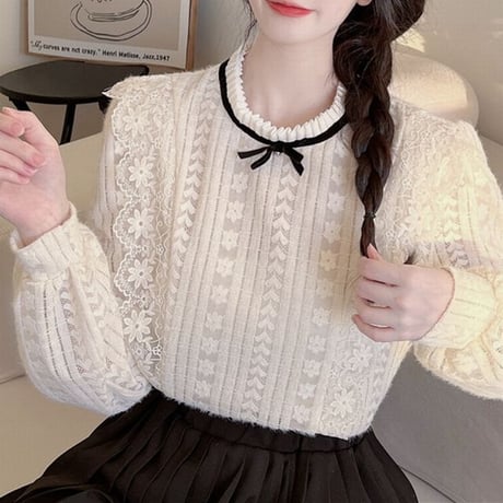レースブラウス ブラウス レース 長袖 ルーズ レトロ 韓国ファッション レディース 大人可愛い ガーリー フェミニン DTC-666086954713