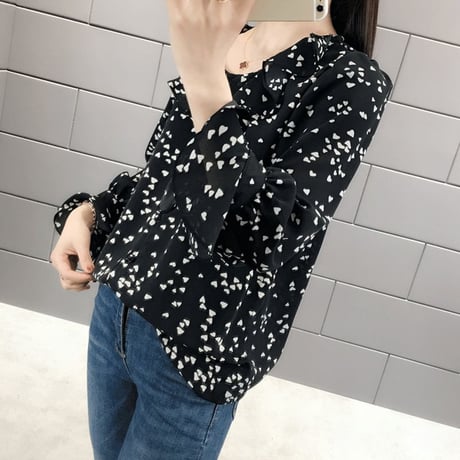 レディース ハート柄ブラウス ハート柄シャツ トップス フリル 薄手 長袖 シフォン フレア袖 ガーリー フェミニン 韓国ファッション (DCT-591142140695)