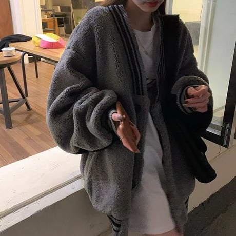 ボアスタジャン バイカラー フリース アウター フェイクラムウール オーバーサイズ 長袖 ルーズ レトロ 韓国ファッション レディース 大人可愛い ガーリー DTC-689307846858