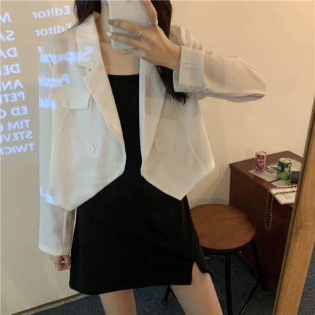 ショートジャケット ダブルブレスト 薄手 ルーズ 長袖 韓国ファッション レディース ジャケット 大人可愛い ガーリー DTC-624318596851