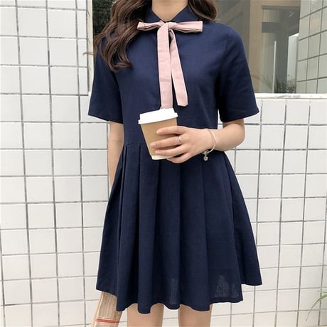 レディース ワンピース プリーツスカート 薄手 ボウタイ リボン ゆったり ガーリー 韓国ファッション (DCT-591685926711)