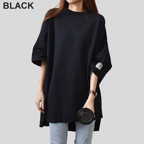 tシャツ 半袖 ロングtシャツ ゆったり ビッグシルエット 5分袖 トップス プルオーバー 体型カバー 無地 レトロ 大人可愛い ガーリー カジュアル DTCA-777303955560