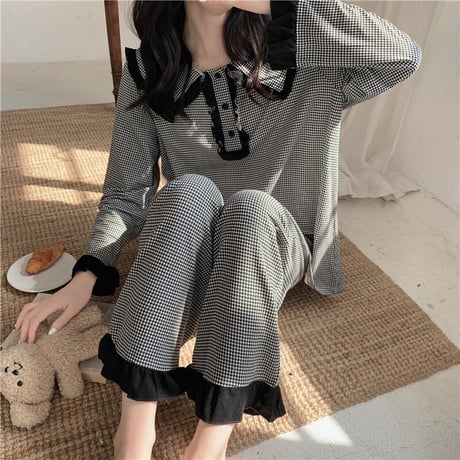ルームウェア セットアップ パジャマ チェック柄 フリル トップス パンツ 上下セット 部屋着 韓国ファッション レディース 大人可愛い ガーリー フェミニン DTC-664959658095