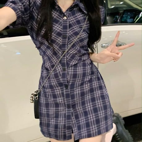 チェック柄 シャツワンピース パフスリーブ ハイウエスト ミニワンピース 半袖 レトロ 韓国ファッション レディース 大人可愛い ガーリー フェミニン DTC-676307425634