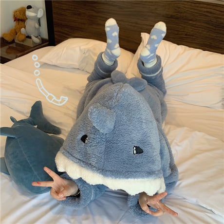 【ルームウェア】 フリース パジャマ セットアップ トップス + パンツ シャーク サメ 長袖 ブルー パープル 上下セット 韓国ファッション レディース ガーリー DTC-628699765024