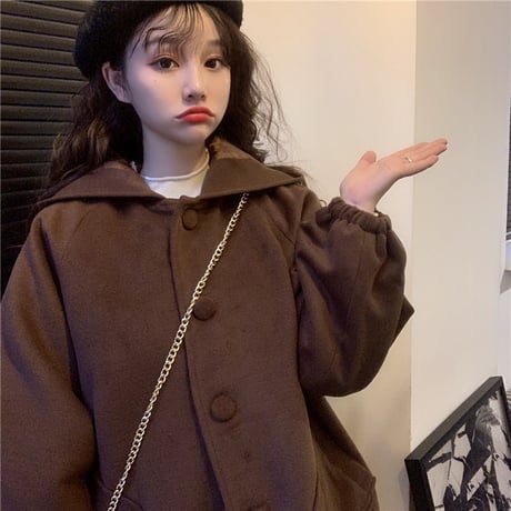フード付き コート 韓国 ファッション レディース ポケット ランタンスリーブ パフ袖 アウター ロング丈コート ウールコート レトロ (DTC-606921346543)