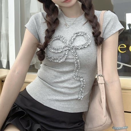 立体リボン Tシャツ リボンコード フリル タイト スリムフィット ショート丈 クルーネック 半袖 レトロ 大人可愛い ガーリー カジュアル DTCA-802763810438