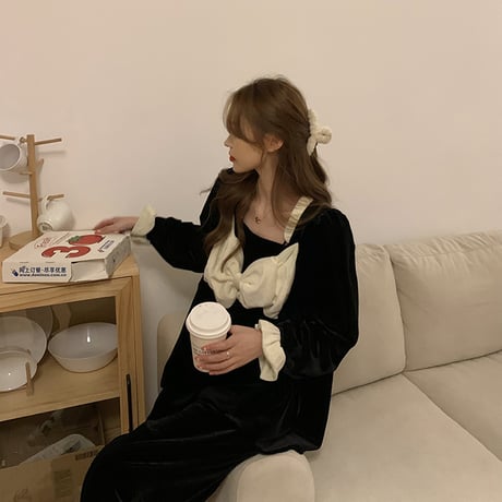 ルームウェア パジャマ セットアップ リボン ベルベット トップス + パンツ 長袖 上下セット 韓国ファッション レディース ガーリー 636735198622