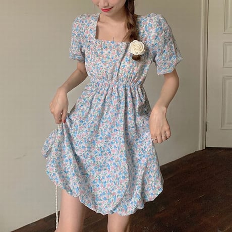 花柄 ワンピース スクエアネック ハイウエスト パフ袖 薄手 半袖 大人可愛い ガーリー フェミニン DTC-642548167490