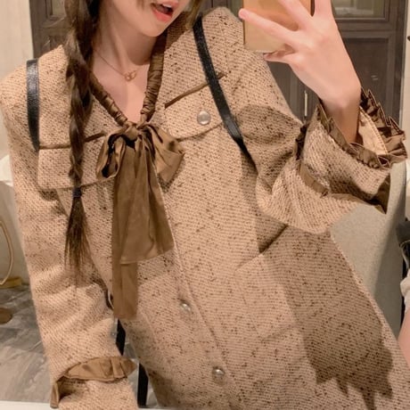 ツイード ワンピース リボン フリル ショート丈 Aライン ゆったりウエスト ミニワンピース 長袖 レトロ 韓国ファッション レディース 大人可愛い ガーリー DTC-745264114087