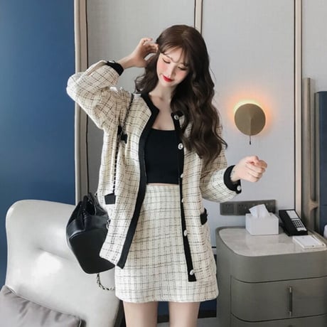 セットアップ チェック柄 カーディガン ジャケット ＋ スカート 上下セット 韓国ファッション レディース 大人可愛い かわいい ガーリー DTC-632531662841