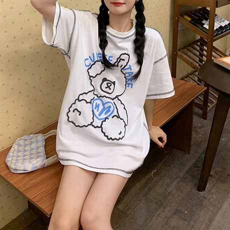 Tシャツ 半袖 クマちゃん ベアー ラウンドネック オーバーサイズ 韓国ファッション レディース 大きめ カジュアル ストリートファッション DTC-643069916522