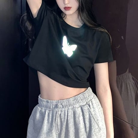 クロップド丈 Tシャツ 反射光 バタフライ 半袖 韓国ファッション レディース トップス ショート丈 プリント ガーリー カジュアル ストリートファッション DTC-617478923344